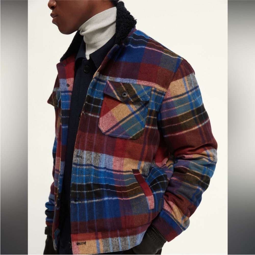 $398 Scotch & Soda Check Plaid High-Pile Fleece Lined Trucker Jacket red black